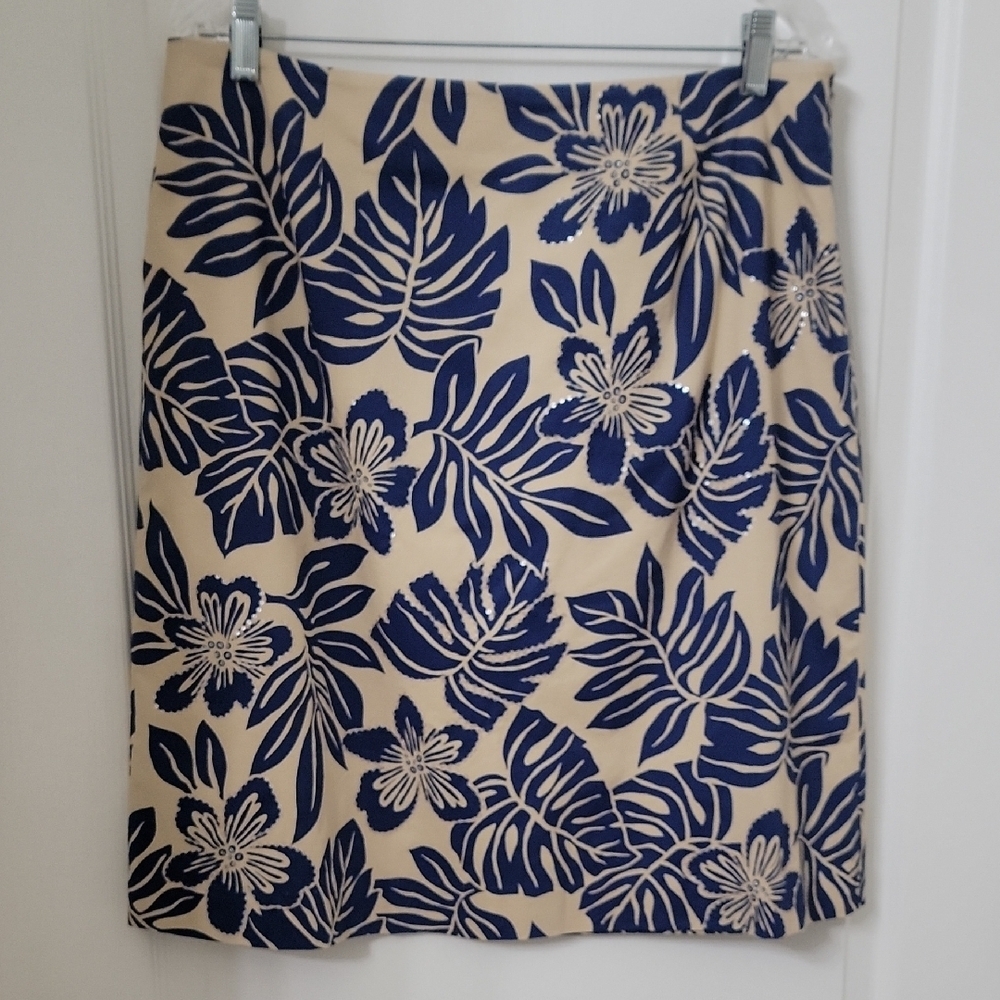 Talbots Size 15 Stretch Tan With Blue Tropical Floral Pattern Sequin Skirt